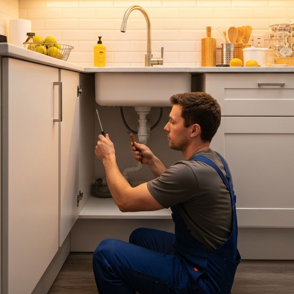 Emergency plumber repairing a leaking boiler to protect a new kitchen